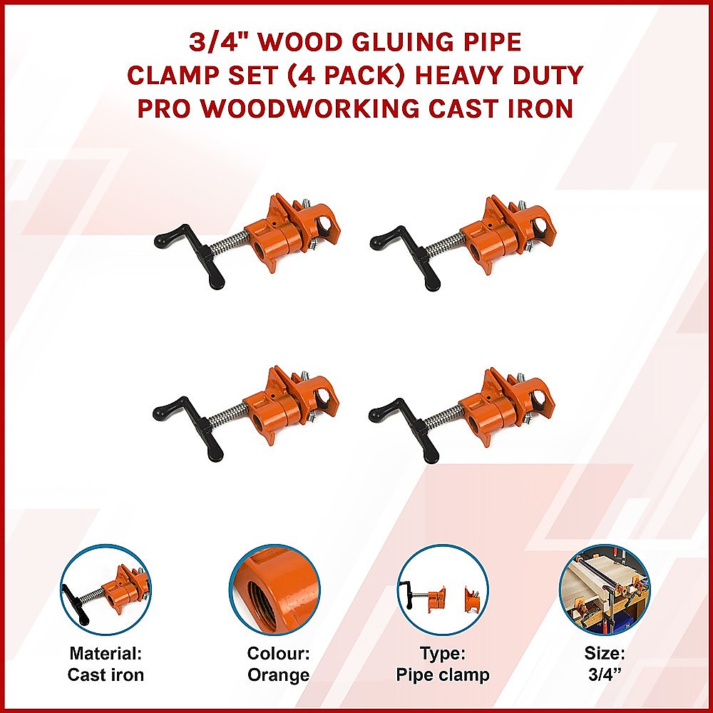 3/4 Wood Gluing Pipe Clamp Set (4 Pack) Heavy Duty PRO Woodworking Cast Iron