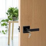 Door Handle Set Lever Key Lock Function Square Black - Front View