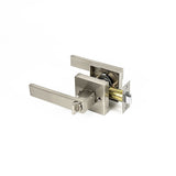 Door Handle Set Lever Key Lock Function Square Satin Nickel - Side View