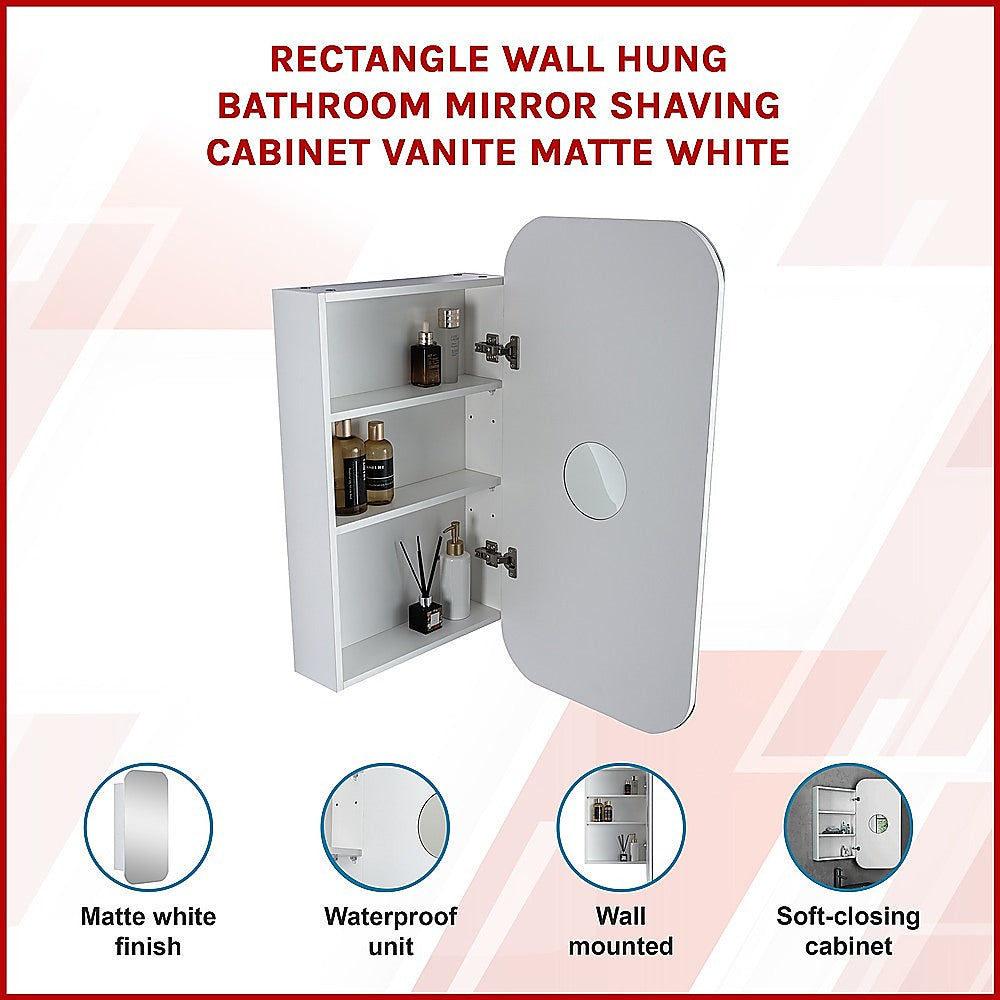 Rectangle Wall Hung Bathroom Mirror Shaving Cabinet Vanity Matte White