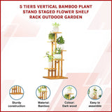 5 Tiers Vertical Bamboo Plant Stand Staged Flower Shelf Rack Outdoor Garden - Front View