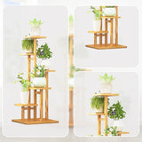 5 Tiers Vertical Bamboo Plant Stand Staged Flower Shelf Rack Outdoor Garden - Close-Up Angle