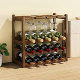 Bamboo Wine Rack Free Standing 15 Bottles with 6 Glasses Holder Storage in Dark Brown - Front View