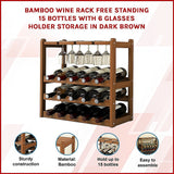 Bamboo Wine Rack Free Standing 15 Bottles with 6 Glasses Holder Storage in Dark Brown - Side View