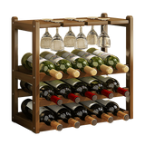 Bamboo Wine Rack Free Standing 15 Bottles with 6 Glasses Holder Storage in Dark Brown - Top-Down View