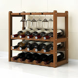 Bamboo Wine Rack Free Standing 15 Bottles with 6 Glasses Holder Storage in Dark Brown - 45-Degree Angle