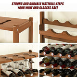 Bamboo Wine Rack Free Standing 15 Bottles with 6 Glasses Holder Storage in Dark Brown - Close-Up Angle