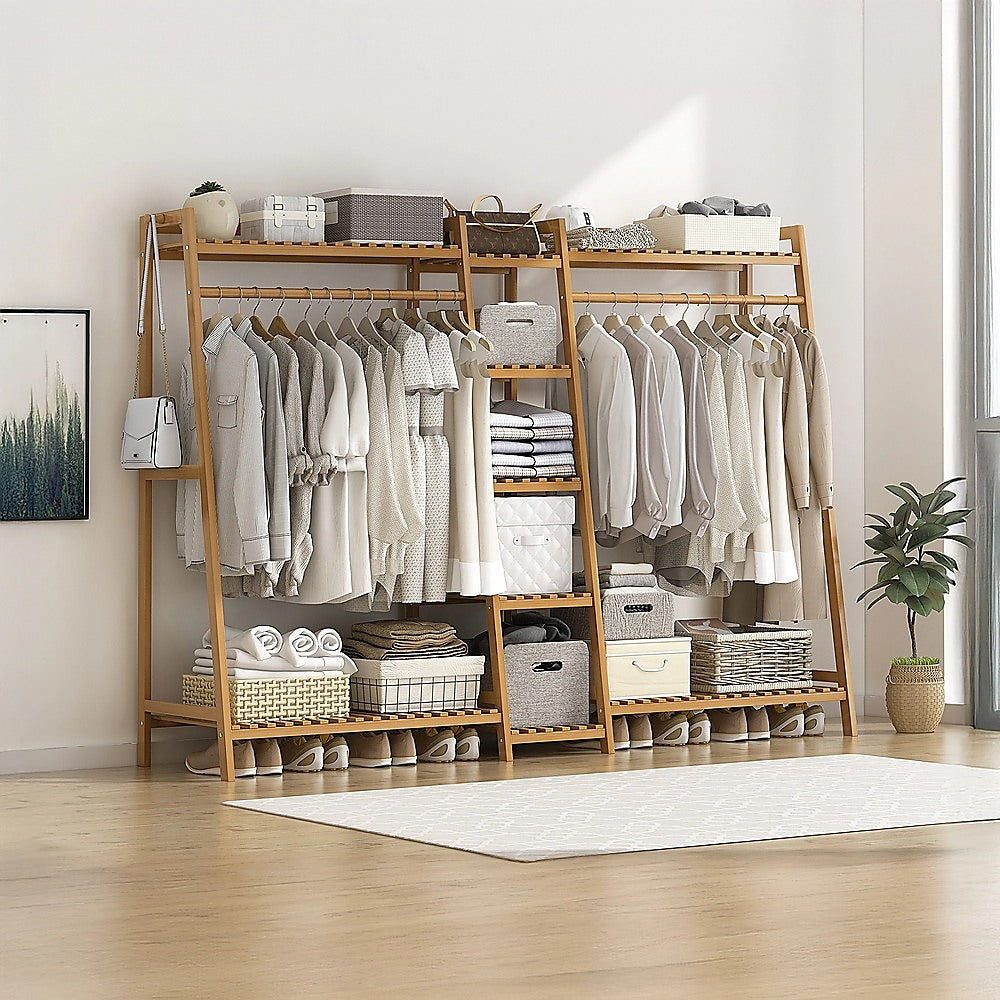 Portable Clothes Rack Coat Garment Stand Bamboo Rail Hanger Airer Closet