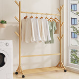 Portable Clothes Rack Coat Garment Stand Bamboo Rail Hanger Airer Closet - Front View