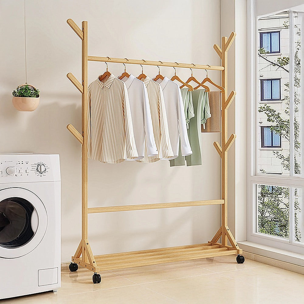 Portable Clothes Rack Coat Garment Stand Bamboo Rail Hanger Airer Closet