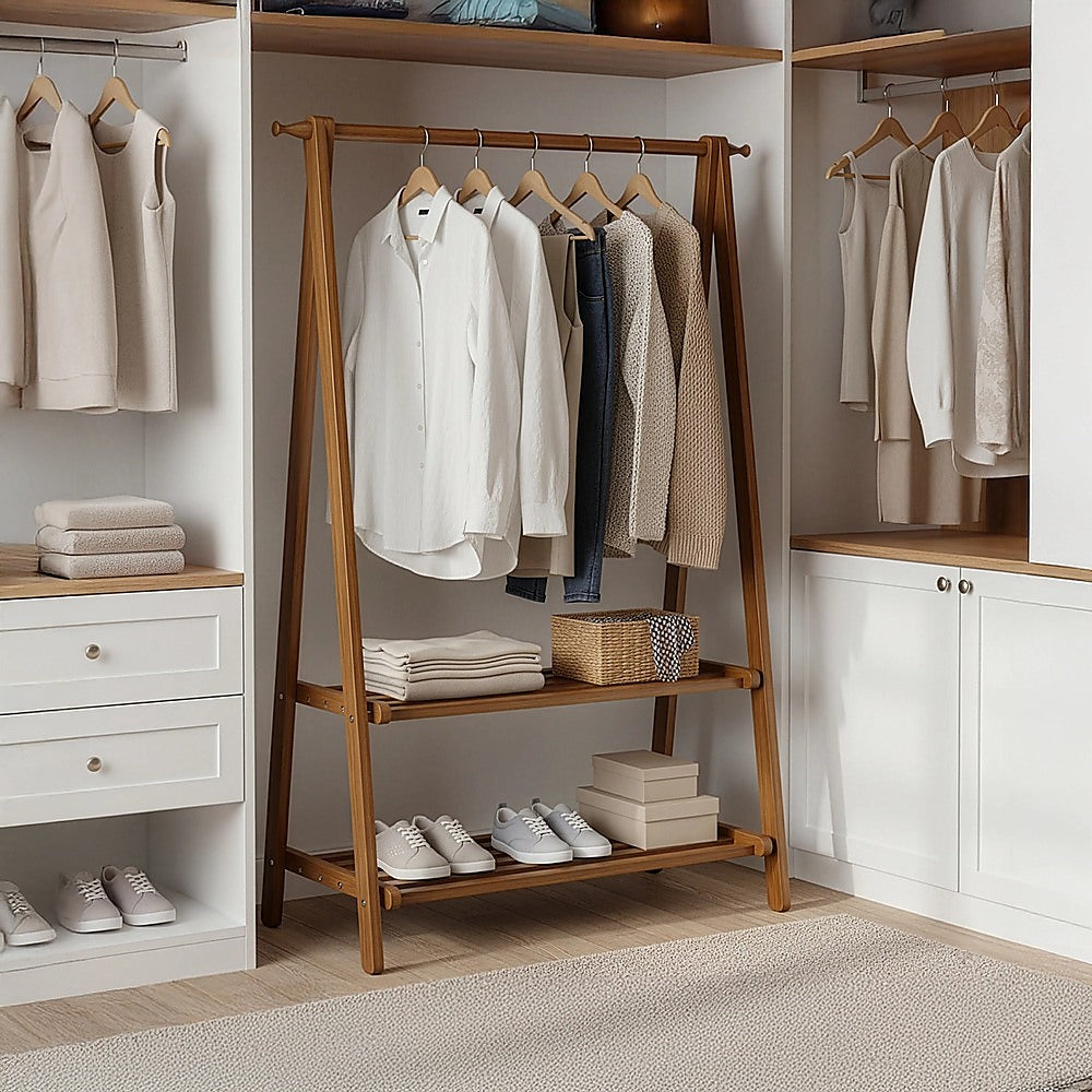 Portable Clothes Rack Coat Garment Stand Bamboo Rail Hanger Airer Closet