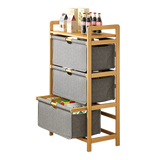 Bamboo Shelf with Storage Hamper ??Wooden Organiser with 3 Laundry Bags - Side View