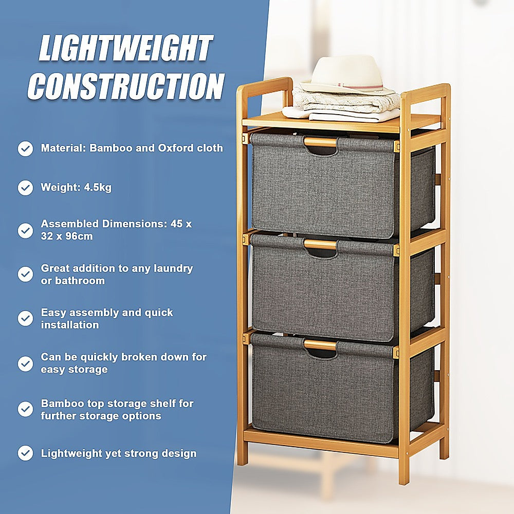 Bamboo Shelf with Storage Hamper ??Wooden Organiser with 3 Laundry Bags