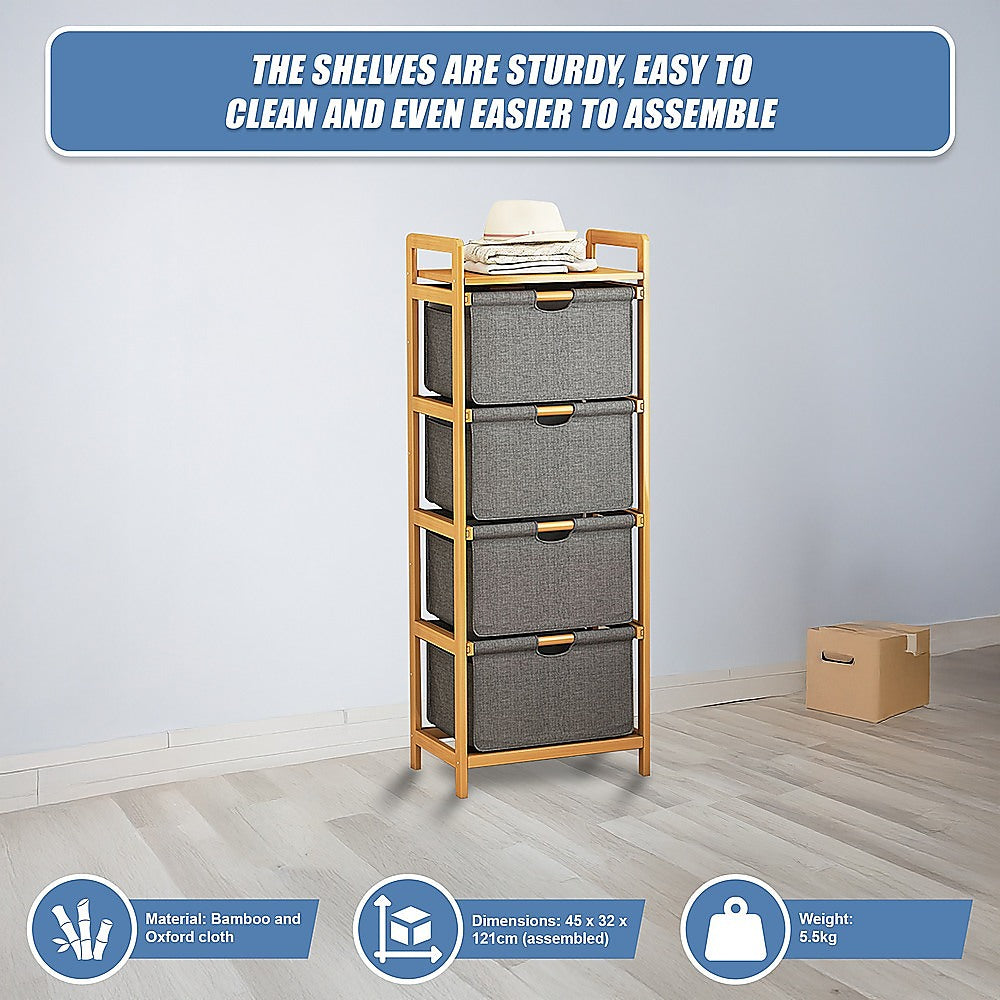 Bamboo Shelf with Storage Hamper ??Wooden Organiser with 4 Laundry Bags