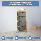 Bamboo Shelf with Storage Hamper ??Wooden Organiser with 4 Laundry Bags - Close-Up Angle