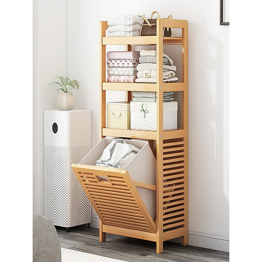 Bamboo 2-in-1 Laundry Hamper Side Table with 2 Shelves and Clothes Basket, image 3
