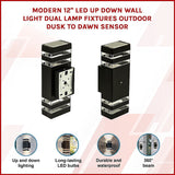 Modern 12 LED Up Down Wall Light dual Lamp Fixtures Outdoor Dusk to Dawn Sensor - Side View