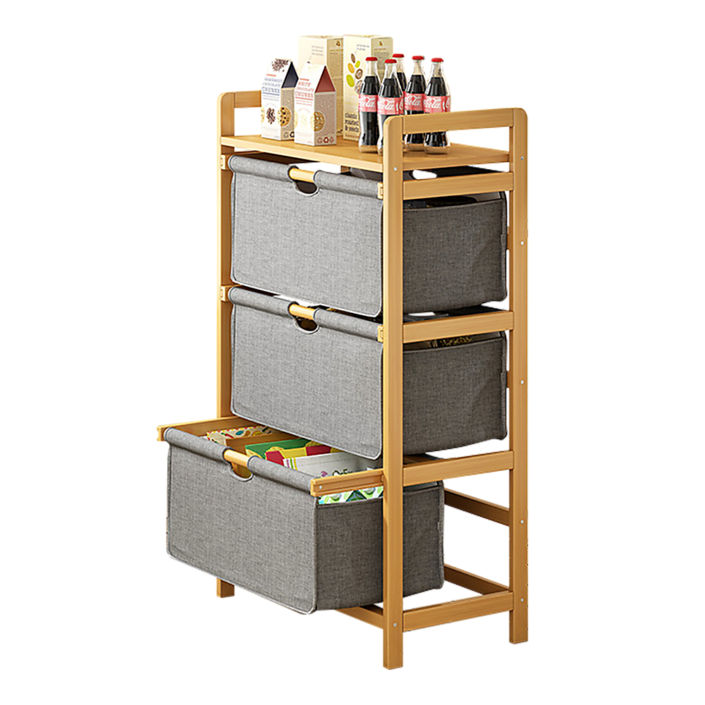 Bamboo Shelf with Storage Hamper ??Wooden Organiser with Three-Set Rack Laundry Bags