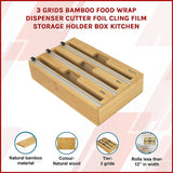 3 Grids Bamboo Food Wrap Dispenser Cutter Foil Cling Film Storage Holder Box Kitchen - Side View