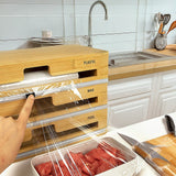 3 Grids Bamboo Food Wrap Dispenser Cutter Foil Cling Film Storage Holder Box Kitchen - Rear View