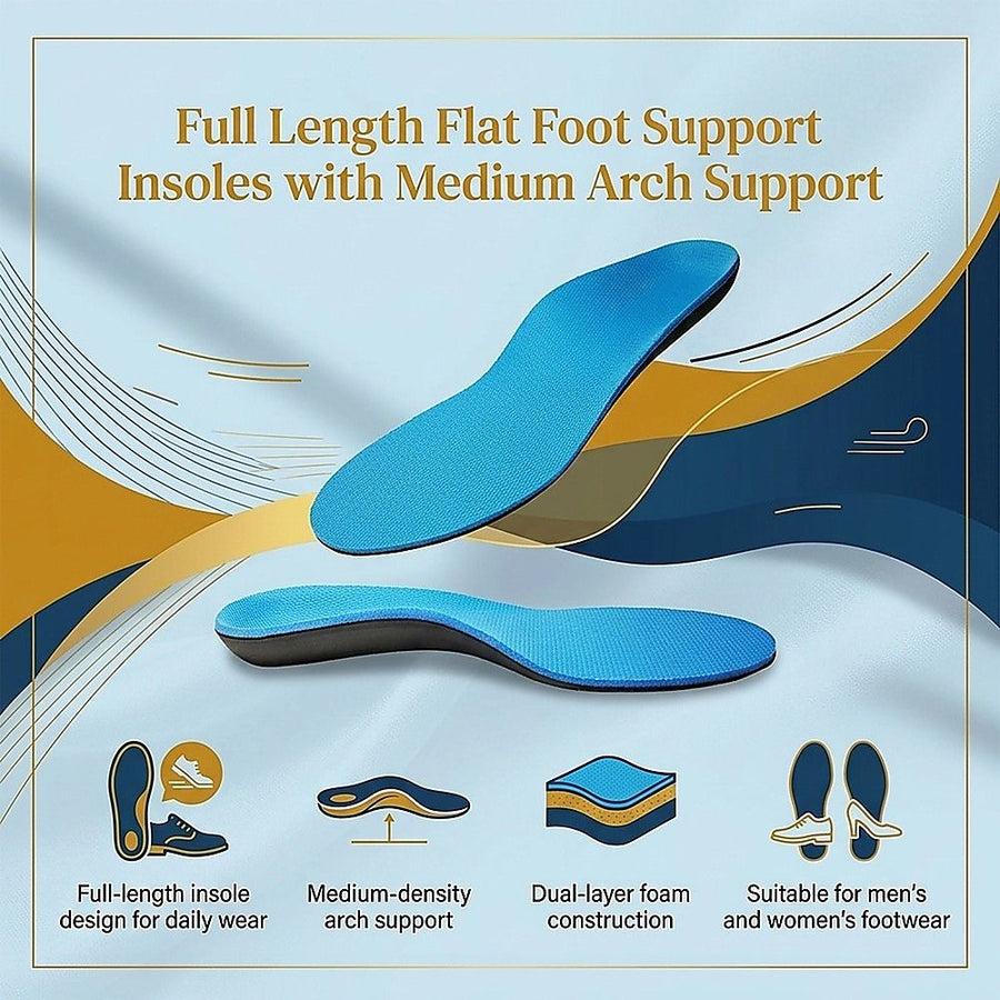 Flat Foot Support Insoles For Men Women Blue Full Length Medium Density Arch Support