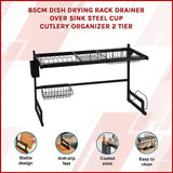 85cm Dish Drying Rack Drainer Over Sink Steel Cup Cutlery Organizer 2 Tier - Side View