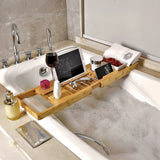 Bathroom Bamboo Bath Caddy Wine Glass Holder Table Tray Bathtub Rack Soap Shelf - Front View