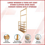 Large Wooden 5 Tiers Hat Coat Stand Clothes Shoe Rack Hanger Hooks Shelf Storage - Side View