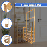 Large Wooden 5 Tiers Hat Coat Stand Clothes Shoe Rack Hanger Hooks Shelf Storage - Low Angle