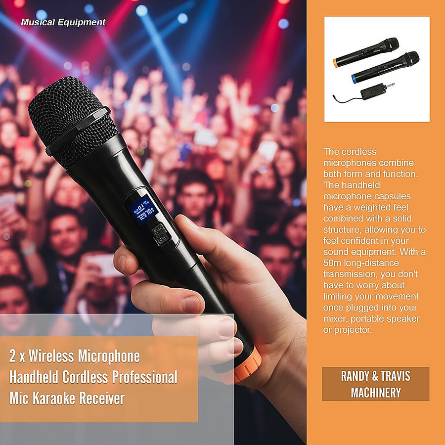 2 x Wireless Microphone Handheld Cordless Professional Mic Karaoke Receiver