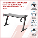 LED Gaming Desk Computer Table with Cup Holder Headphone Hook Cable Hole - Side View