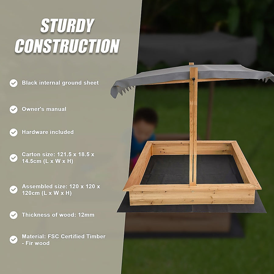 Kids Wooden Toy Sandpit with Adjustable Canopy, image 11