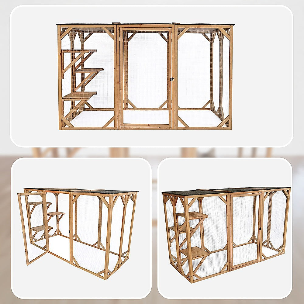 180cm Large Cat Enclosure Wooden Outdoor Cage with 3 Platforms