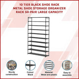 10 Tier Black Shoe Rack Metal Shoe Storage Organizer Rack 50-Pair Large Capacity - Side View