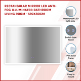 Rectangular Mirror LED Anti-Fog Illuminated Bathroom Living Room - 120x80cm - Front View