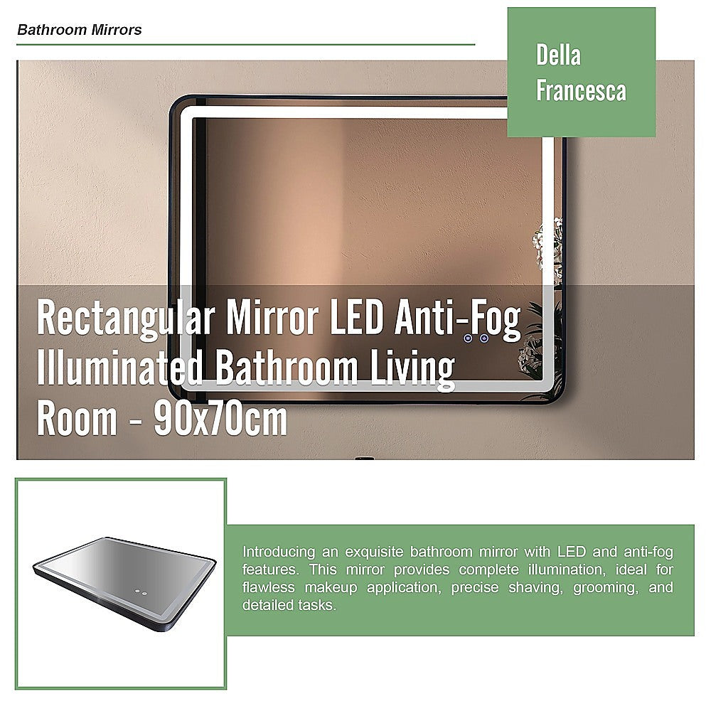 Rectangular Mirror LED Anti-Fog Illuminated Bathroom Living Room - 90x70cm