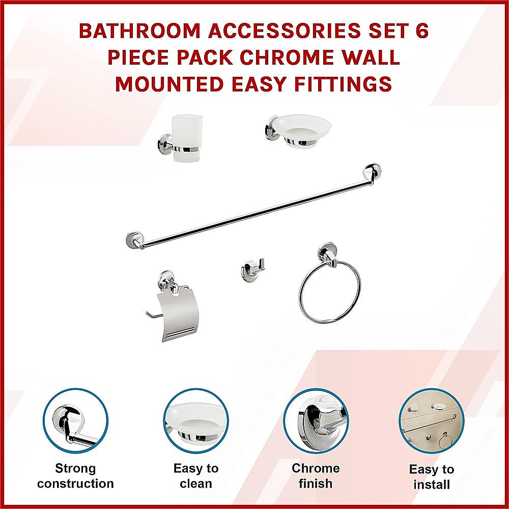 Bathroom Accessories Set 6 Piece Pack Chrome Wall Mounted Easy Fittings