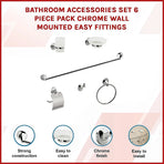 Bathroom Accessories Set 6 Piece Pack Chrome Wall Mounted Easy Fittings