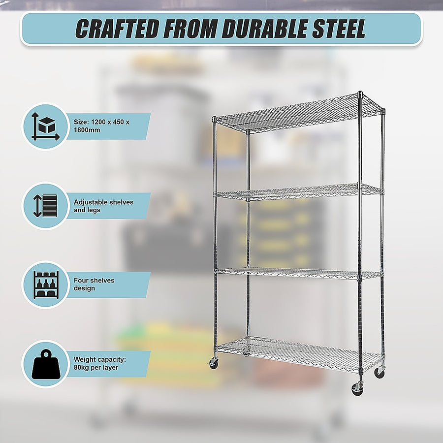 Modular Wire Storage 120x45cm Steel Shelving Chrome With Wheels For Garage Kitchen Or Retail Storage