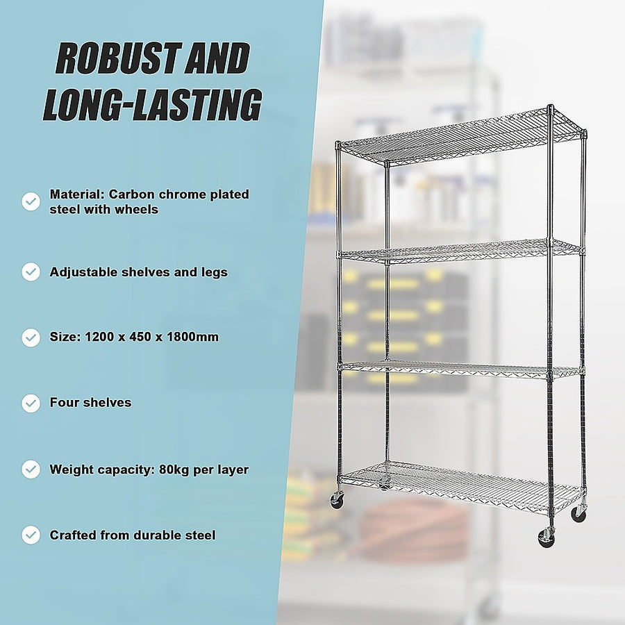 Modular Wire Storage 120x45cm Steel Shelving Chrome With Wheels For Garage Kitchen Or Retail Storage