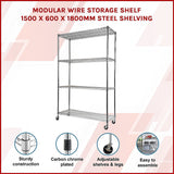 Modular Wire Storage Shelf 1500 x 600 x 1800mm Steel Shelving - Side View