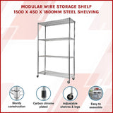 Modular Wire Storage Shelf 1500 x 450 x 1920mm Steel Shelving with Wheels - Side View