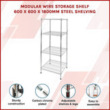 Modular Wire Storage Shelf 600 x 600 x 1800mm Steel Shelving - Side View