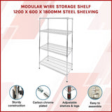 Modular Wire Storage Shelf 1200 x 600 x 1800mm Steel Shelving - Side View