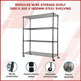 Modular Wire Storage Shelf 1500 x 350 x 1800mm Steel Shelving - Side View