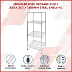 Modular four shelf steel wire storage shelving unit, 350 x 350 x 1800mm, adjustable legs
