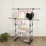 Heavy Duty Commercial Garment Rack Double Bar Rolling Collapsible Clothing Shelf - Side View
