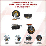Castor Wheels 4 x 6 150mm Swivel Silent Caster 2 Brakes 800KG