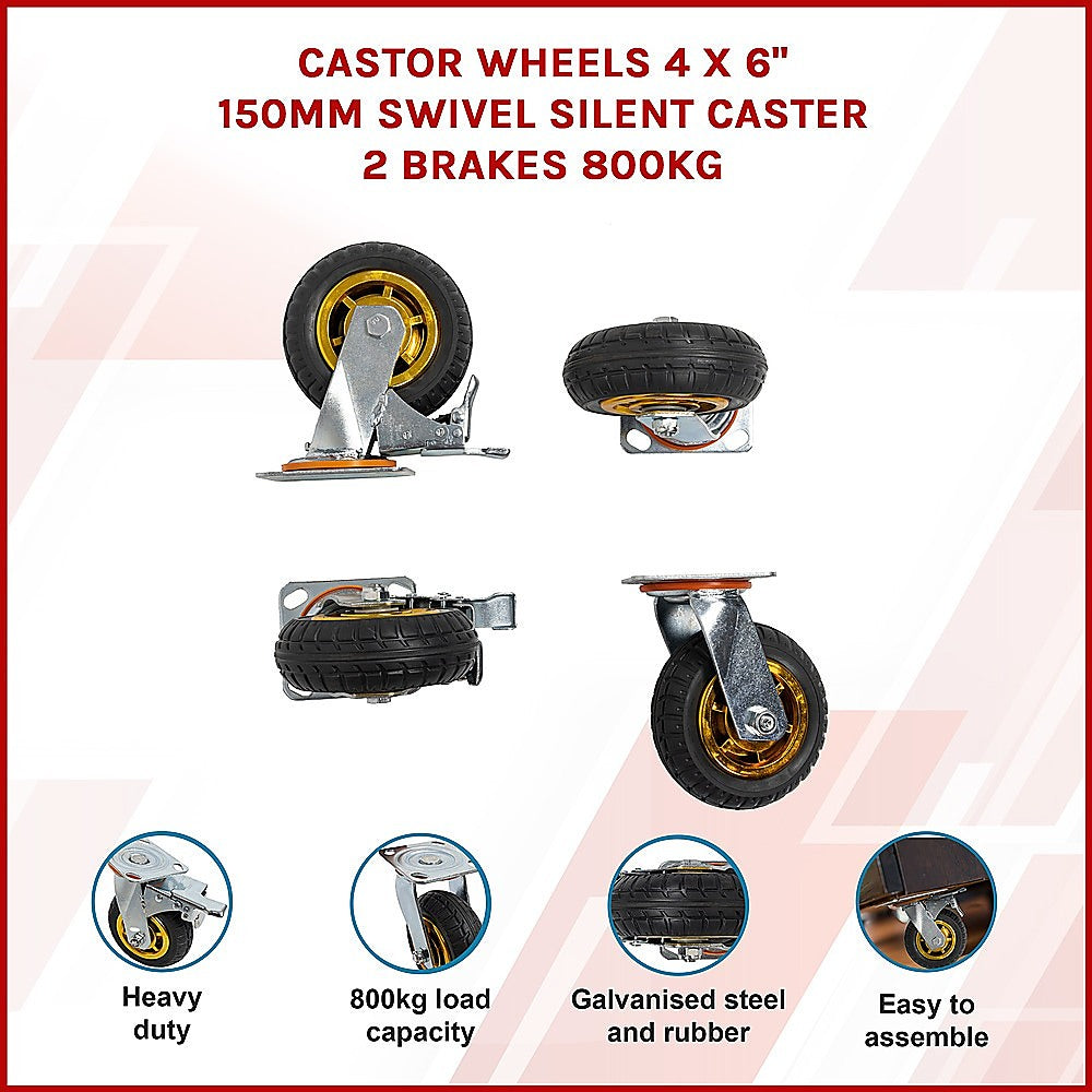Castor Wheels 4 x 6 150mm Swivel Silent Caster 2 Brakes 800KG
