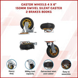Castor Wheels 4 x 6 150mm Swivel Silent Caster 2 Brakes 800KG - Side View